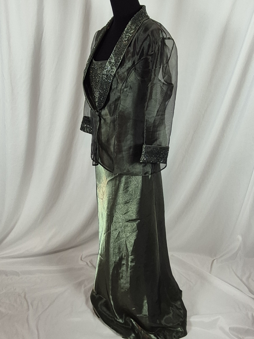 Alex Evenings Y2K Metallic Green Satin Gown w/ Matching Jacket - Vtg 14 / Mod 10 - Picture 2 of 16